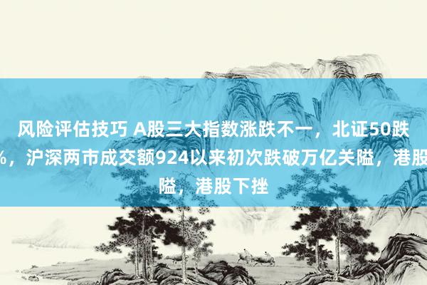 风险评估技巧 A股三大指数涨跌不一，北证50跌超2%，沪深两市成交额924以来初次跌破万亿关隘，港股下挫