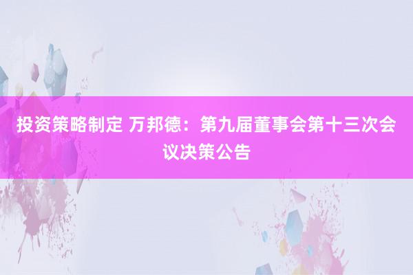 投资策略制定 万邦德：第九届董事会第十三次会议决策公告